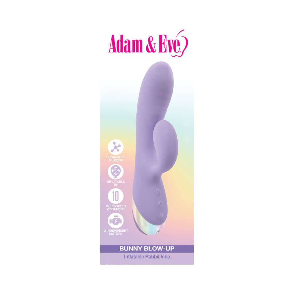 Adam and Eve Bunny Blow Up Rabbit Vibe packaging with inflatable design and multiple settings.