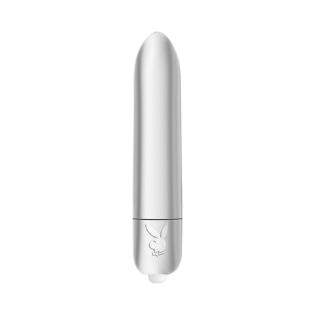 Playboy Pleasures 70th Anniversary Bullet, sleek silver vibrating toy for unforgettable pleasure.