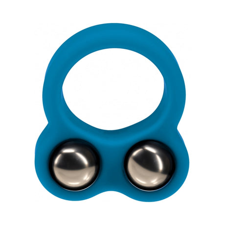 Levelz Liquid Silicone Double Weighted Ball Cock Ring Teal in vibrant blue with internal weights for enhanced pressure.