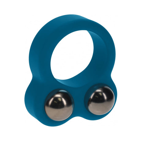 Levelz Liquid Silicone Double Weighted Ball Cock Ring Teal featuring a blue silicone design with internal weights for enhanced pleasure.