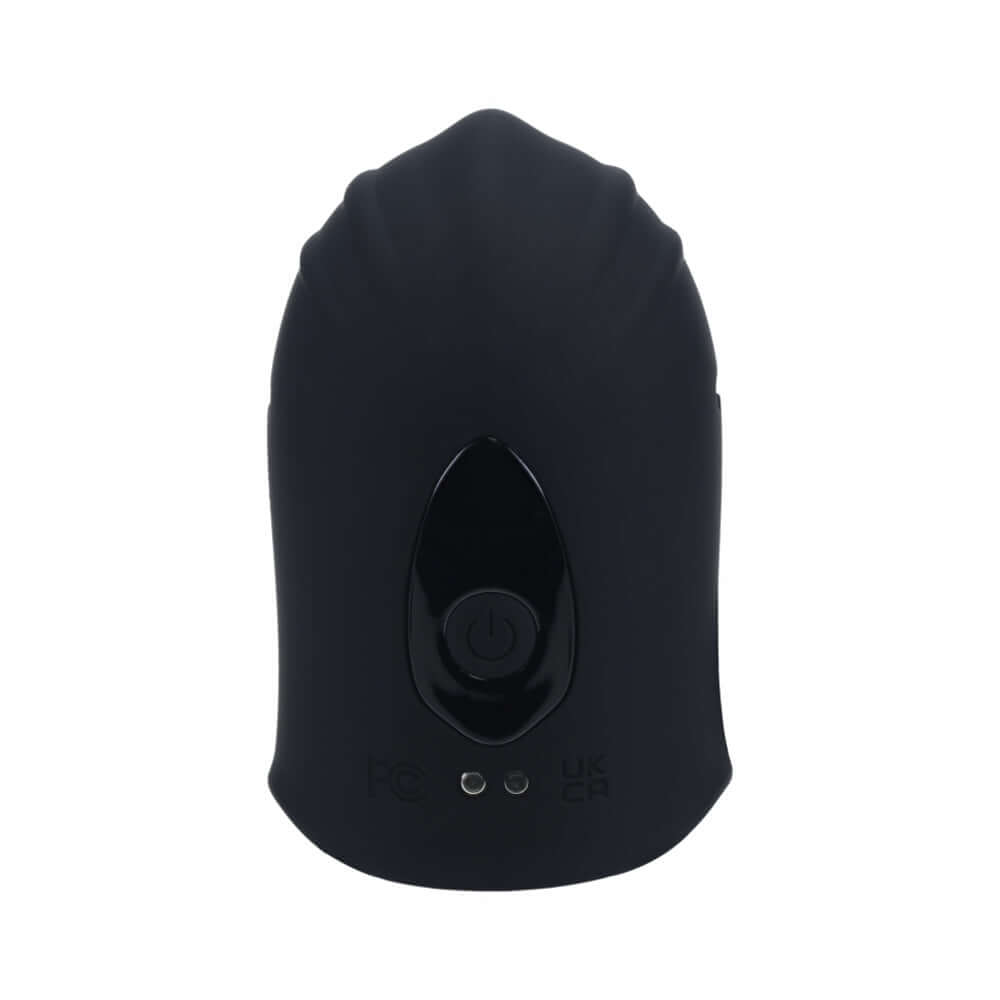 LEVELZ Adjustable Vibrating Silicone Penis Head Stimulator Black shown from the front with ergonomic design and power button.