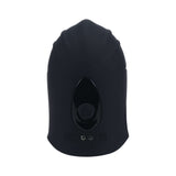 LEVELZ Adjustable Vibrating Silicone Penis Head Stimulator Black shown from the front with ergonomic design and power button.
