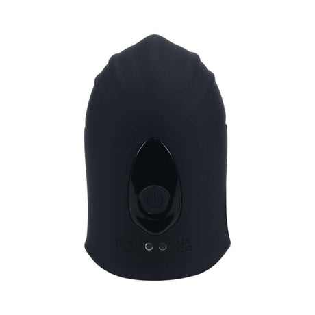 LEVELZ Adjustable Vibrating Silicone Penis Head Stimulator Black shown from the front with ergonomic design and power button.