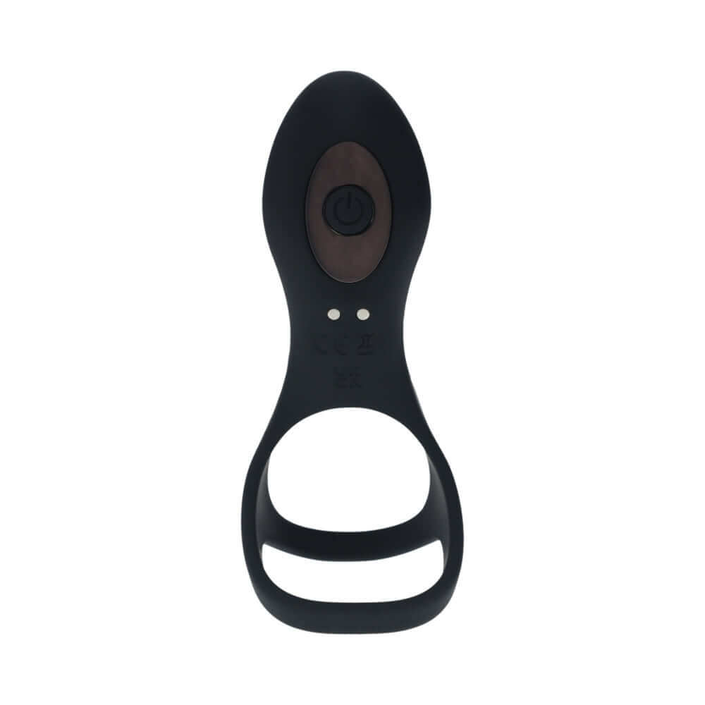 LEVELZ Vibrating Silicone Cock & Ball Ring with Shaft Loop Black top view showing design and button