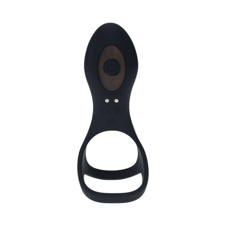 LEVELZ Vibrating Silicone Cock & Ball Ring with Shaft Loop Black top view showing design and button