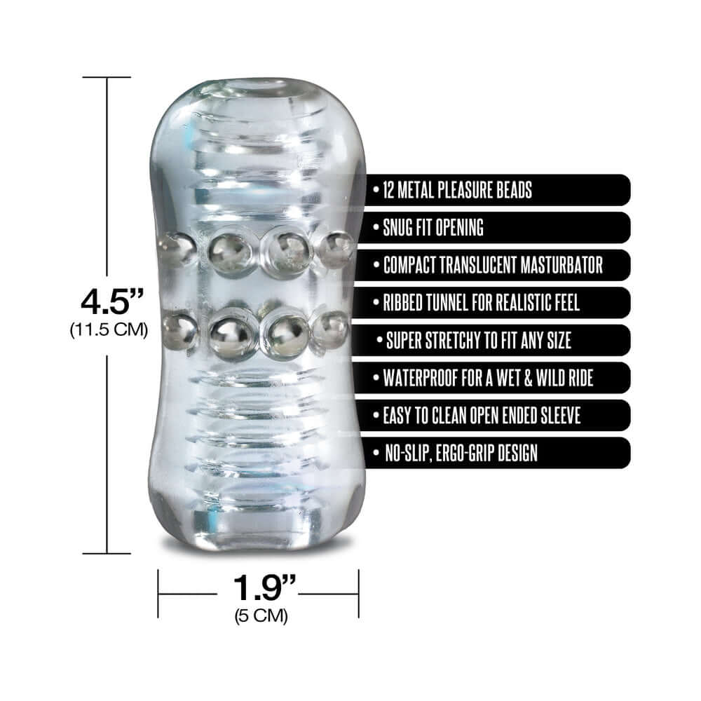 MSTR B8 Clear View Beaded Stroker Head Banger with 12 metal pleasure beads and ribbed tunnel for realism.