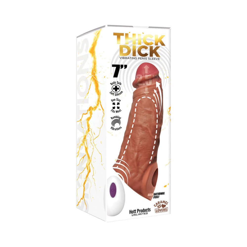 Skinsations Thick Dick 7 inch Vibrating Penis Sleeve with Remote packaging on display.