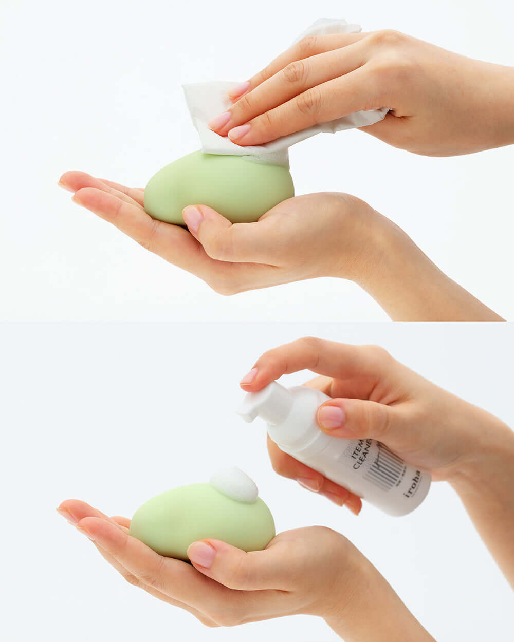 Person using Tenga iroha Item Cleaner on intimate product for hygienic maintenance.