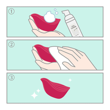 Steps to clean an intimate product with Tenga iroha Item Cleaner, showcasing application and rinsing.