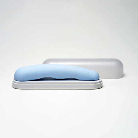iroha tsuki MINAMO Massager in soft blue color with protective case, designed for luxurious intimate pleasure.