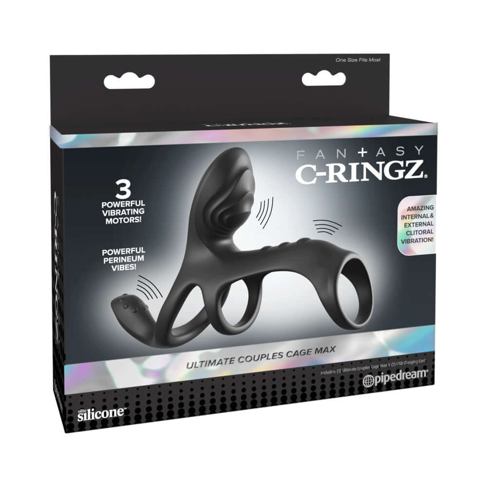 Fantasy C-Ringz Ultimate Couples Cage Max Black packaging showcasing its 3 powerful vibrating motors.