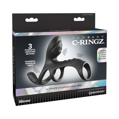 Fantasy C-Ringz Ultimate Couples Cage Max Black packaging showcasing its 3 powerful vibrating motors.
