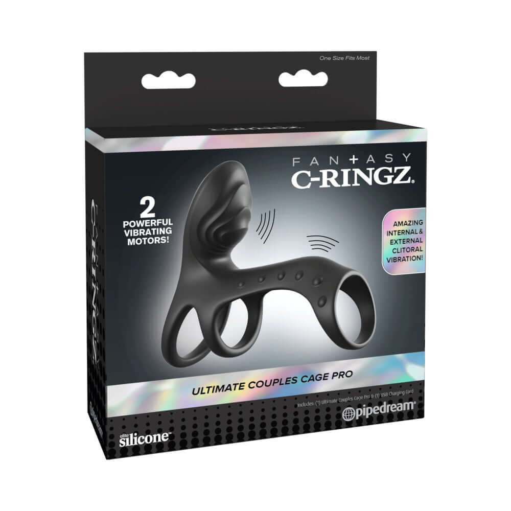 Fantasy C-Ringz Ultimate Couples Cage Pro Black packaging showcasing dual motors for enhanced couple experiences.