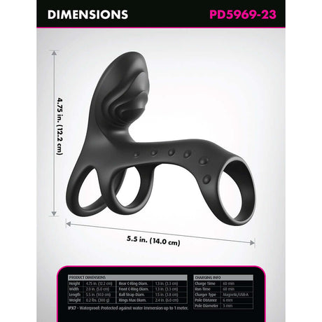Fantasy C-Ringz Ultimate Couples Cage Pro Black dimensions with measurements and design details.