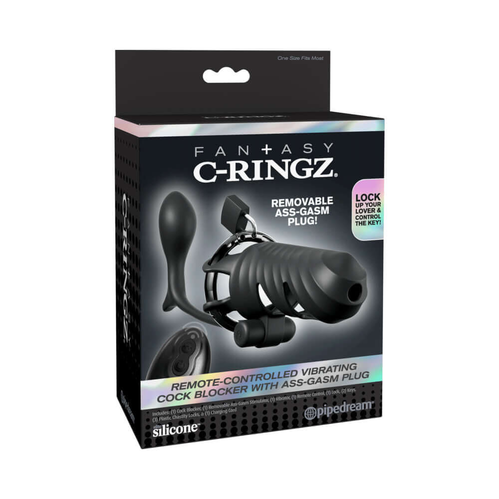 Fantasy C-Ringz Vibrating Cock Blocker with Ass-Gasm Plug Black product packaging design.