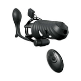 Fantasy C-Ringz Vibrating Cock Blocker with Ass-Gasm Plug Black featuring sleek design and remote control.