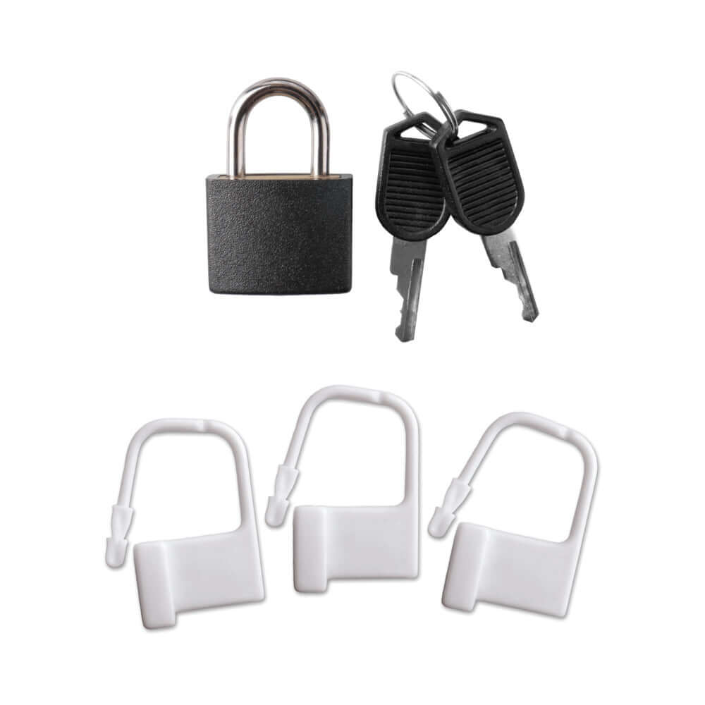 Fantasy C-Ringz Vibrating Cock Blocker with Ass-Gasm Plug Black accessories including a padlock and keys.