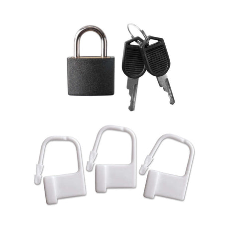 Fantasy C-Ringz Vibrating Cock Blocker with Ass-Gasm Plug Black accessories including a padlock and keys.