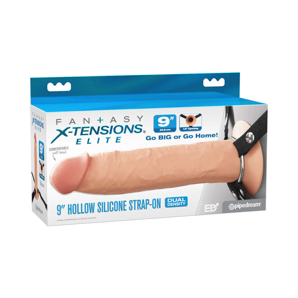 Fantasy X-Tensions Elite Hollow Strap-On 9 inch Light packaging display for strap-on play.