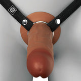 Fantasy X-Tensions Hollow Strap-On Dual Density 9 inch Brown positioned on a harness, emphasizing its dual-density design.