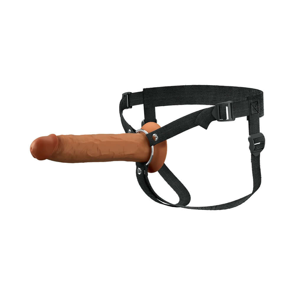 Fantasy X-Tensions Hollow Strap-On Dual Density 9 inch Brown on a black strap with adjustable harness.