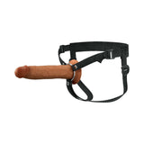 Fantasy X-Tensions Hollow Strap-On Dual Density 9 inch Brown on a black strap with adjustable harness.