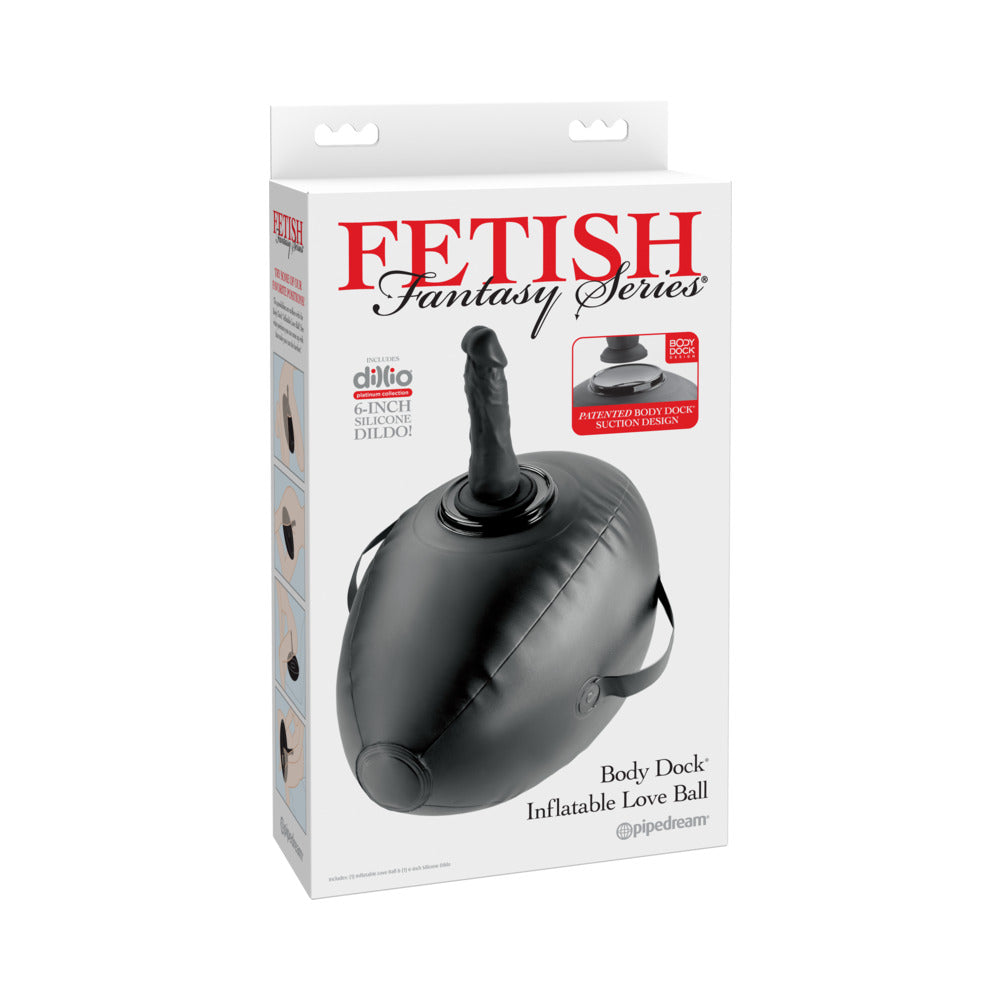 Fetish Fantasy Series Body Dock Inflatable Love Ball Black packaging with inflatable love ball design.