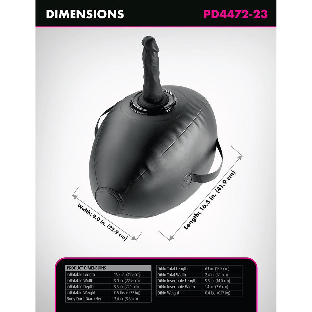 Fetish Fantasy Series Body Dock Inflatable Love Ball Black showing dimensions and design features.