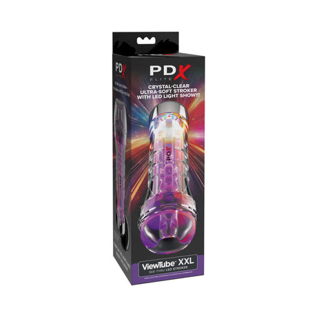 PDX Elite ViewTube XXL See Thru EZ-Grip LED Stroker Clear packaging showcasing its features and design.