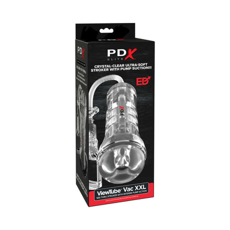 PDX Elite ViewTube Vac XXL Pump See Thru EZ-Grip Pump Stroker Clear packaging showcasing its design and features.