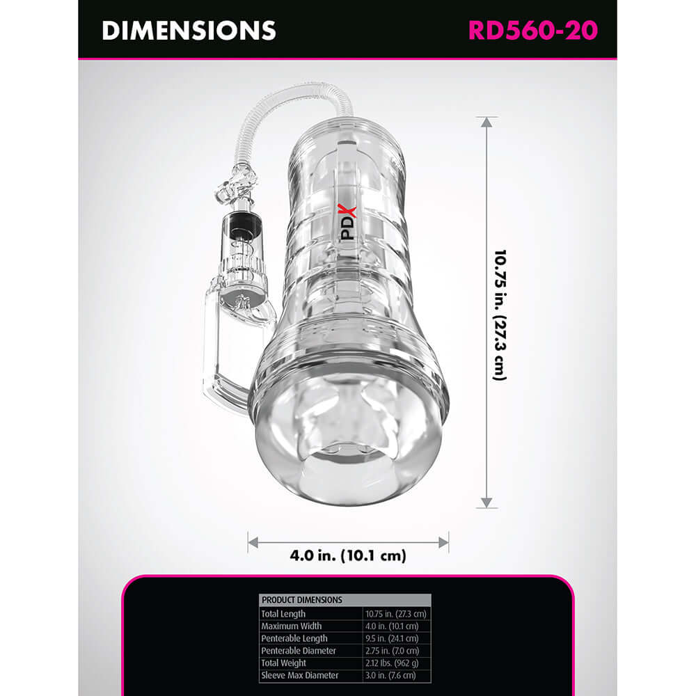 PDX Elite ViewTube Vac XXL Pump See Thru EZ-Grip Pump Stroker Clear dimensions diagram with measurements.