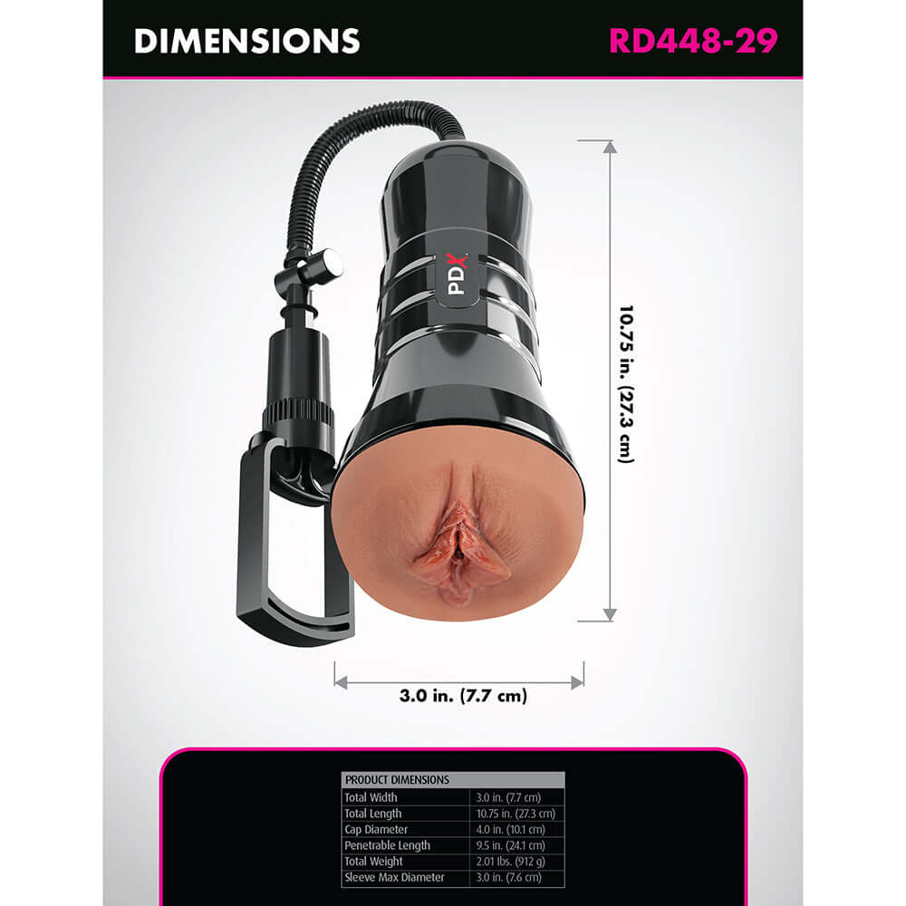 PDX Extreme Wet Pussies Super Sucker XXL Stroker Brown dimensions image with measurements and product features.