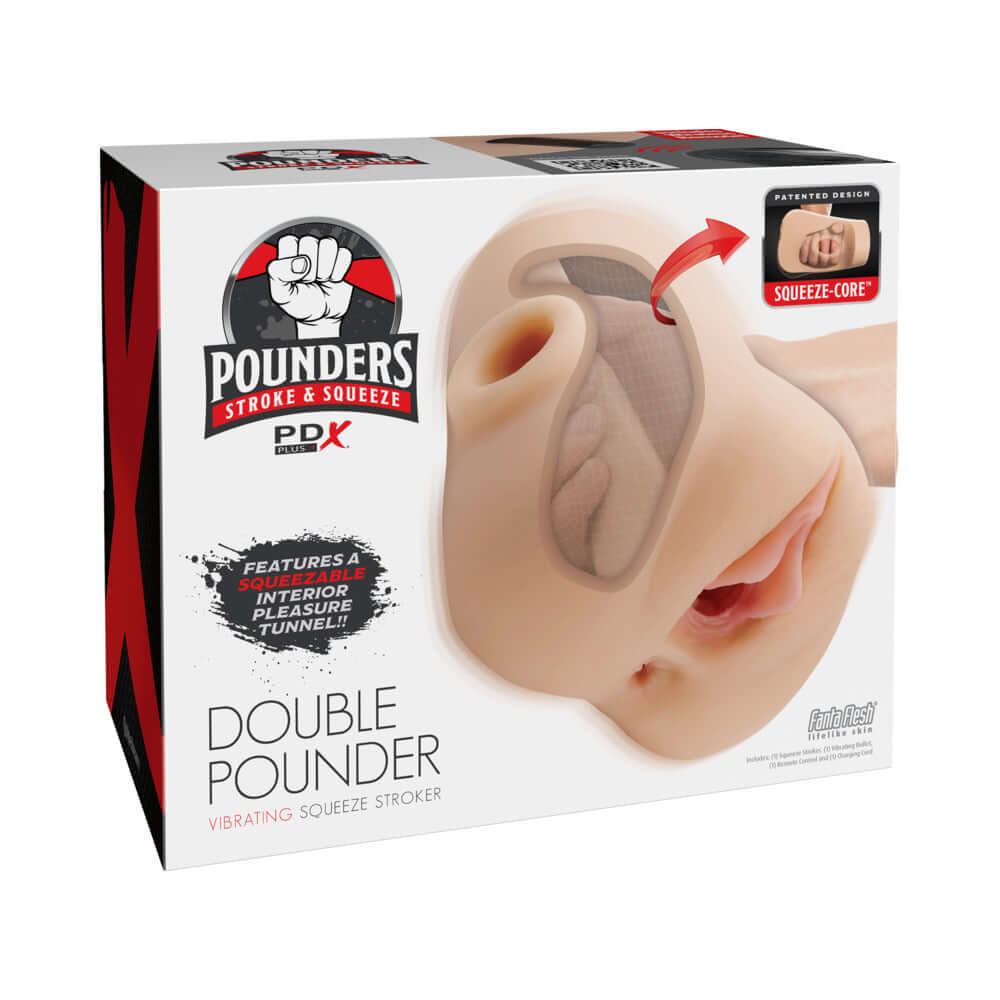 PDX Plus Double Pounder Vibrating Squeeze Stroker Light packaging showcasing innovative design and features.