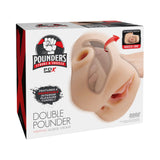 PDX Plus Double Pounder Vibrating Squeeze Stroker Light packaging showcasing innovative design and features.