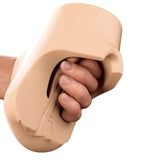 PDX Plus Double Pounder Vibrating Squeeze Stroker Light held in a hand demonstrating its design and grip functionality.