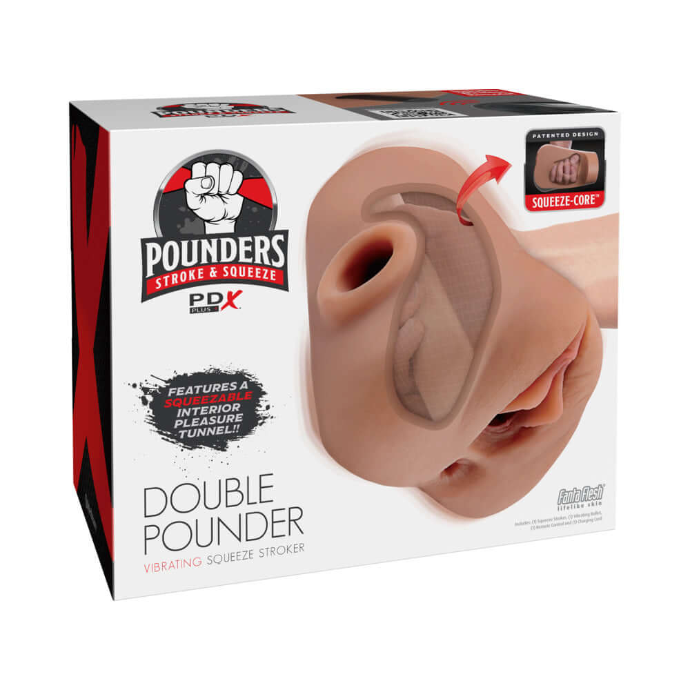 PDX Plus Double Pounder Vibrating Squeeze Stroker Brown product packaging showcasing its unique features and design.