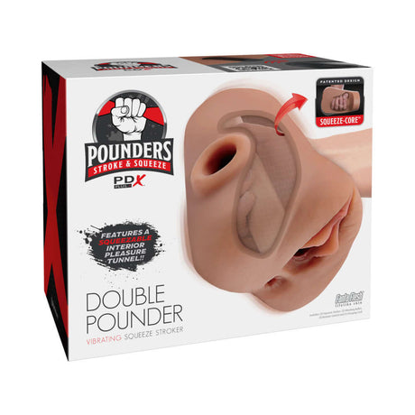 PDX Plus Double Pounder Vibrating Squeeze Stroker Brown product packaging showcasing its unique features and design.
