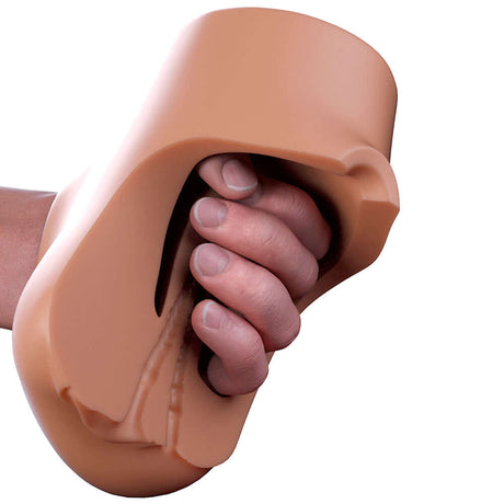 PDX Plus Double Pounder Vibrating Squeeze Stroker Brown held in hand for a personalized stimulation experience.