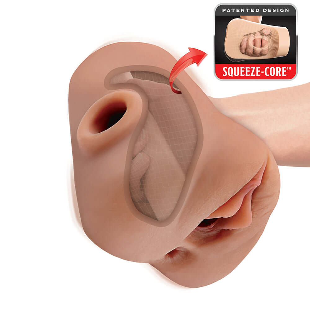 PDX Plus Double Pounder Vibrating Squeeze Stroker Brown with Squeeze-Core design for personalized experiences.