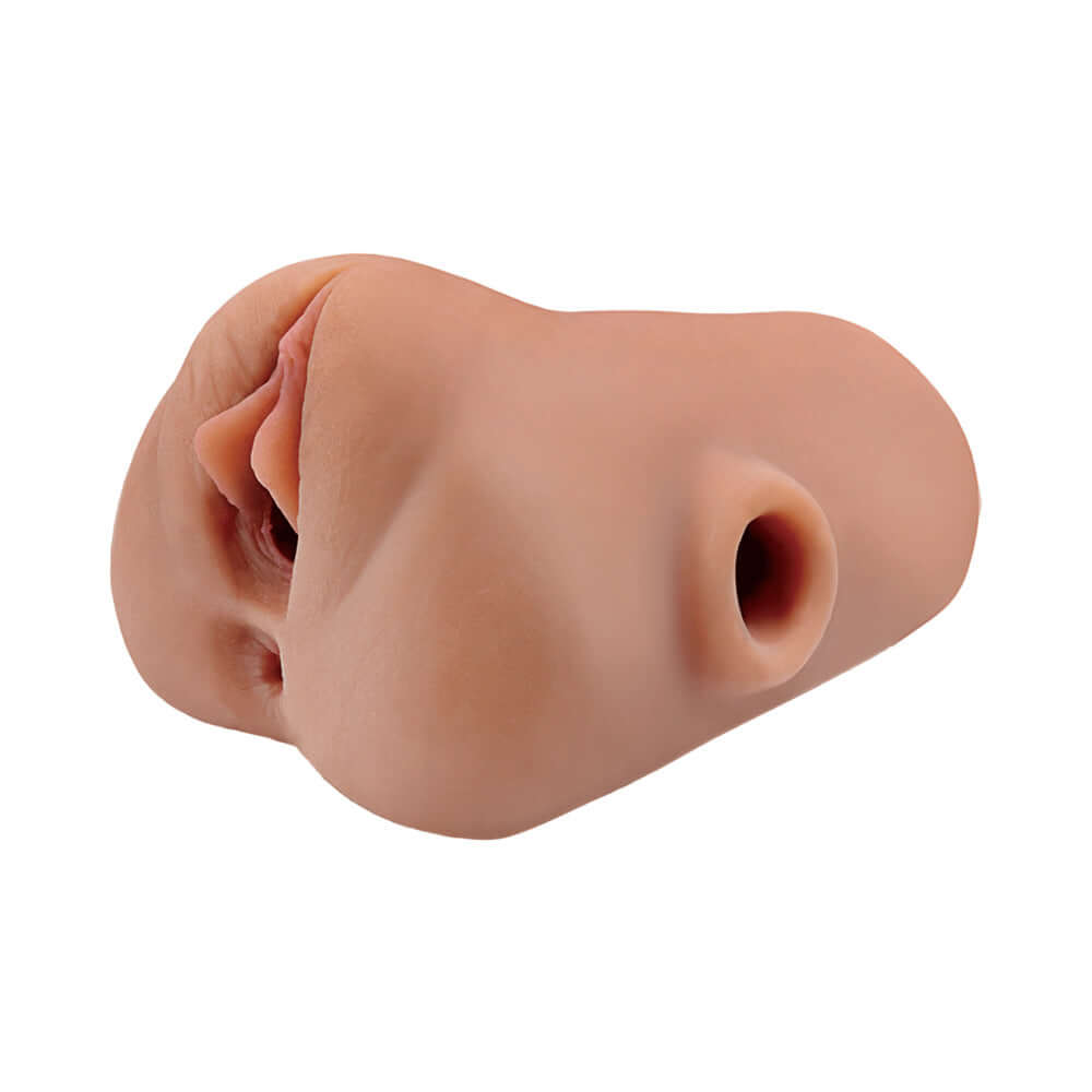 PDX Plus Double Pounder Vibrating Squeeze Stroker Brown showing realistic design and textures for ultimate pleasure.