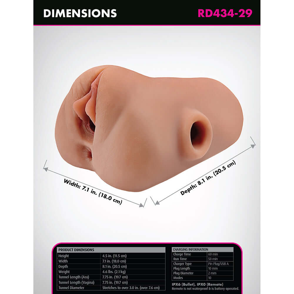 PDX Plus Double Pounder Vibrating Squeeze Stroker Brown dimensions featuring width and depth measurements