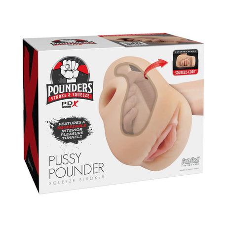 PDX Plus Pussy Pounder Squeeze Stroker Light package displaying patented Squeeze-Core technology for enhanced pleasure.