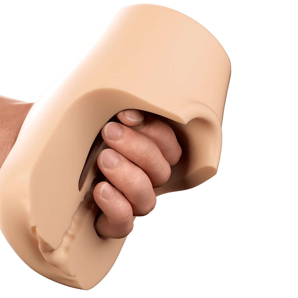 PDX Plus Pussy Pounder Squeeze Stroker Light being squeezed for enhanced pleasure.