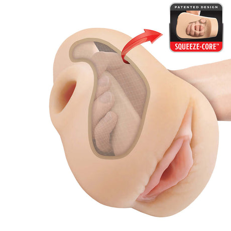 PDX Plus Pussy Pounder Squeeze Stroker Light showing the patented Squeeze-Core design for enhanced pleasure.