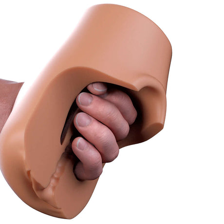 PDX Plus Pussy Pounder Squeeze Stroker Brown held in hand, showcasing its lifelike design and grip.