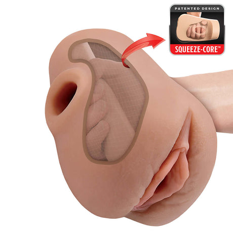 PDX Plus Pussy Pounder Squeeze Stroker Brown showcasing patented Squeeze-Core design and ultra-lifelike details.