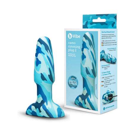b-Vibe Rimming Butt Plug 2 Camo with packaging showcasing its special edition design and blue camo color.