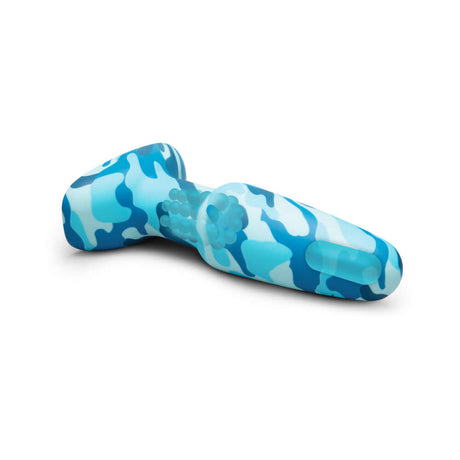 b-Vibe Rimming Butt Plug 2 Camo in blue camouflage design, featuring a vibrating tip for enhanced pleasure.