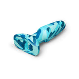 b-Vibe Rimming Butt Plug 2 Camo in a blue camouflage design, highlighting its ergonomic shape and powerful vibrating tip.