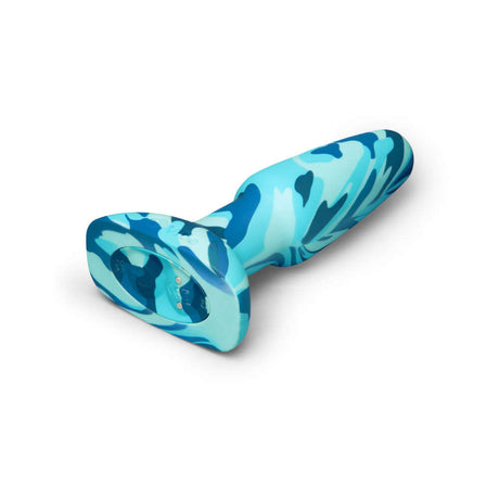 b-Vibe Rimming Butt Plug 2 Camo in a blue camouflage design, highlighting its ergonomic shape and powerful vibrating tip.